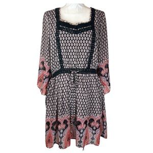 Miss Me Dress Paisley Peasant Boho Bell Sleeve Black Red Women's Size Medium M